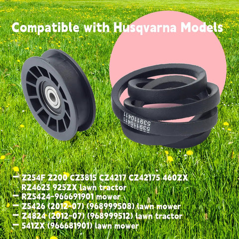 Heavy Duty Drive Idler Pulley And Belt Kit Replacement For Husqvarna Z254F Lawn Mower shown on grass