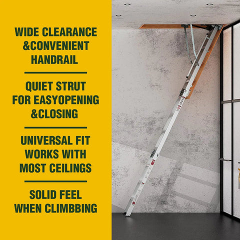 Heavy Duty Attic Ladder With 350 Lb Capacity, Fold Down Loft Stairs For Ceilings From 7 Ft 8 In To 10 Ft 3 In, 22.5 Inch By 54 Inch Opening, Non Slip Steps, Space Saving Pull Down Design For DIYers And Home Storage Access, wall-mounted attic ladder open
