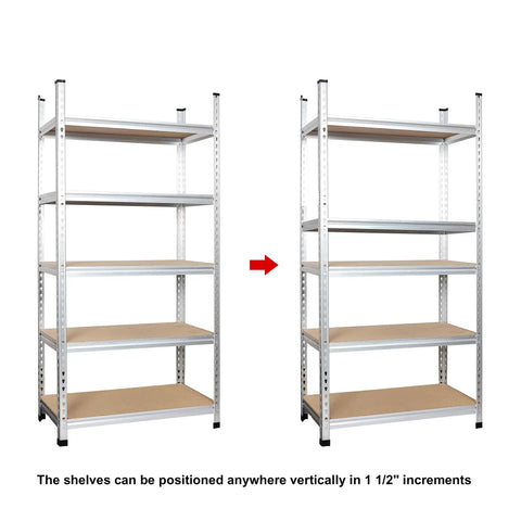 Rock Solid Five Tier Aluminum Storage Shelving Rack With Adjustable Heavy Duty Platforms For Garage Workshop And Home Top Notch Frame Handles Massive Loads Quick No Sweat Snap Together Setup Keeps Mess Out Of Sight Daily