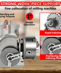 Heavy Duty 3 Jaw Dividing Head Combined With 6 Inch Rotary Indexer Featuring Zero To Ninety Degree Precision Rotation Built Tough For Cnc Milling Drill Press Hardcore Workholding Tool with strong work-piece support.