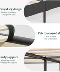 Straight Up Comfy Premium Upholstered Queen Bed Frame Featuring A Bold Asymmetric Headboard And Iron Clad Steel Base For A Seamless Setup Construction showcasing recessed leg design and velcro-secured slats.