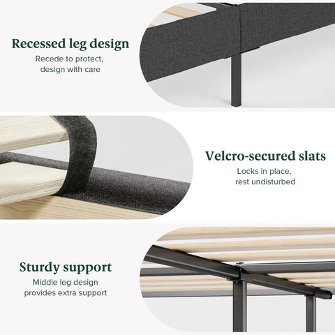 Straight Up Comfy Premium Upholstered Queen Bed Frame Featuring A Bold Asymmetric Headboard And Iron Clad Steel Base For A Seamless Setup Construction showcasing recessed leg design and velcro-secured slats.