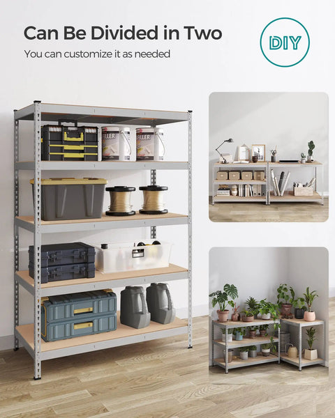 Heavy Duty Five Tier Steel Storage Shelves Packed With Solid Four Hundred Sixty Two Lb Per Shelf Capacity No Sweat Boltless Setup Adjustable Rack For Garage Shed Real Deal Steel Rack Silver Beige Accent