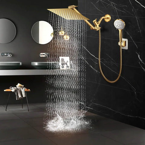 Gold Rain Shower Head And Handheld Combo With 11 Inch Adjustable Extension Arm, Five Spray Settings, 60 Inch Hose, luxe spa vibe