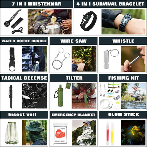 Collage of survival tools including a tactical pen, bracelet, wire saw, whistle, and emergency blanket from All In One Outdoor Survival Gear Set With Large Camping Backpack And First Aid Kit, Ultimate Camping Equipment For Hiking Adventures, Ready To Roll Backpack With Essential Tools