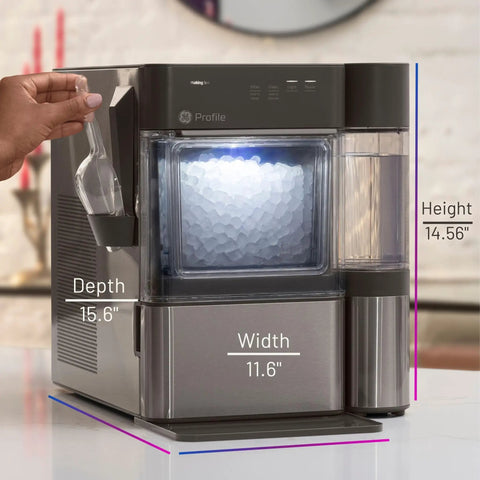 No Cap Portable Nugget Ice Maker Countertop Machine produces chewy pebble ice, dimensions 14.56" H x 11.6" W x 15.6" D.