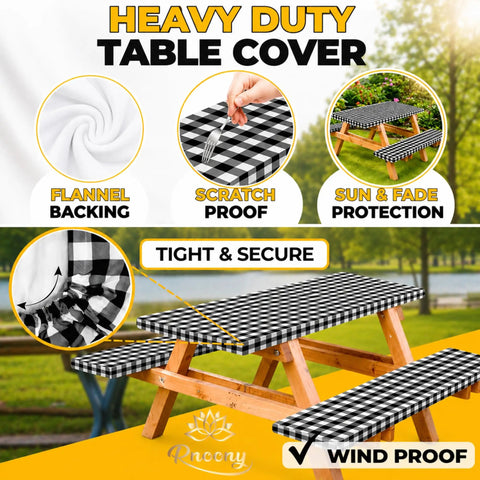 Waterproof Fitted Picnic Table Cover Set For Six Foot Tables With Elastic Edges Includes Bench Covers 72 By 30 Inch Tablecloth