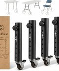 4 Pack Adjustable Table Leg Extenders With Wheels, Heavy Duty Steel Furniture Risers shown with adjustable height and wheels.