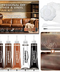 Brown Leather Repair Kit For Furniture And Auto Interiors With Quick Drying Adhesive To Fix Scratches Tears Holes And Peeling On Couches Sofas Jackets And Purses Featuring Super Easy Step By Step Instructions with tubes of adhesive and tools.