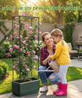 Mother and daughter watering roses in Self Watering Tomato Planter With Trellis And Water Level Indicator, outdoor setting