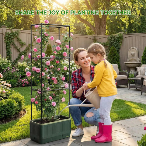 Mother and daughter watering roses in Self Watering Tomato Planter With Trellis And Water Level Indicator, outdoor setting
