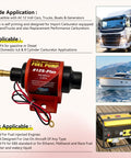 Universal 12 Volt Electric Fuel Pump For Cars And Trucks Straight Plug And Play Design shown from side angle with connections.