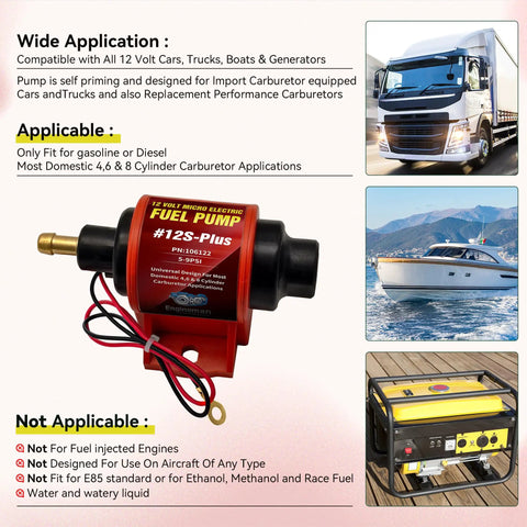 Universal 12 Volt Electric Fuel Pump For Cars And Trucks Straight Plug And Play Design shown from side angle with connections.