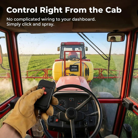 Gloved hand holding 12V Wireless Remote Control Switch for Sprayers inside tractor cab with agricultural sprayer in view.