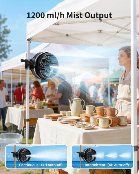 Eight Inch Portable Misting Fan With Secure Clip Mount Heavy Duty Battery Operated Cooling Setup dishing out mist at a market.