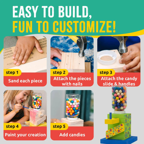 Candy Dispenser Woodworking Kit For Kids A Hands On STEM Building Project With FSC Certified Wood Paints And Tools Includes DIY Gumball Machine Craft For Boys And Girls Ages Six And Up shown in assembly steps.