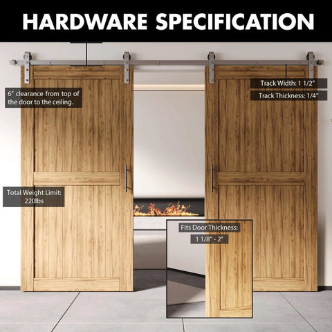 Brushed Nickel Non-Bypass Sliding Barn Door Hardware Kit For Double Doors, 10ft Long Flat Track, Classic Roller Design, Installed View