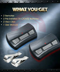 2-Pack Universal Garage Door Opener Remote Replacement for Genie and Overhead Door showing two remotes and two visor clips