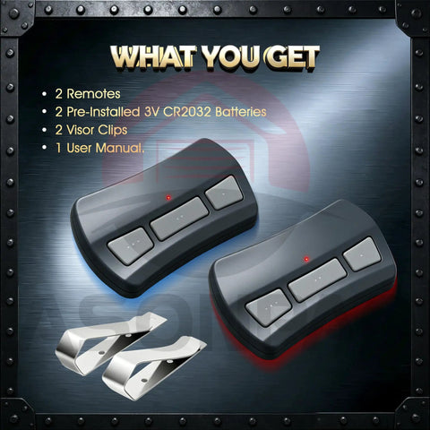 2-Pack Universal Garage Door Opener Remote Replacement for Genie and Overhead Door showing two remotes and two visor clips