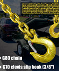 G80 Trailer Safety Chain 35 Inch Tow Chain With 3/8 Clevis Snap Hook 2-Pack attached to a trailer hitch setup