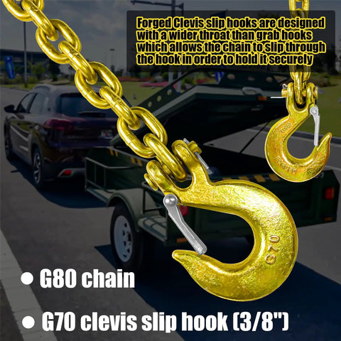 G80 Trailer Safety Chain 35 Inch Tow Chain With 3/8 Clevis Snap Hook 2-Pack attached to a trailer hitch setup