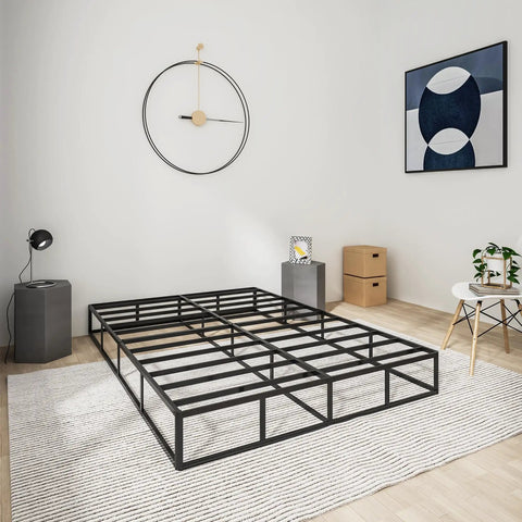 Rock Solid King Size Box Spring, Nine Inch Heavy Duty Steel Mattress Foundation in matte black, shown in a modern bedroom setting.
