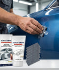 Person using Low Effort No Fuss Deep Car Scratch Repair Paste For Easy DIY Auto Body Touch Up on blue car with kit contents visible