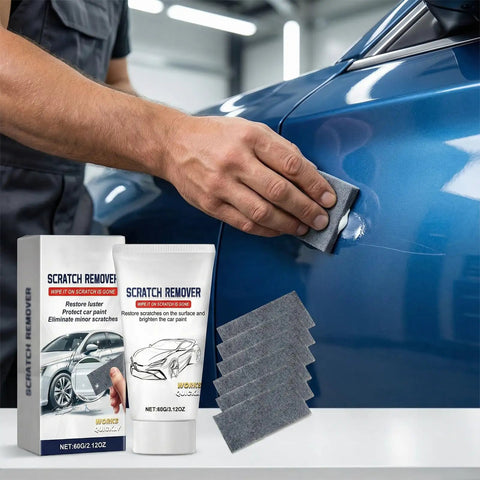 Person using Low Effort No Fuss Deep Car Scratch Repair Paste For Easy DIY Auto Body Touch Up on blue car with kit contents visible