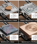 Genmitsu aluminum vacuum clamp pod; collage shows front, side, and close-up views with wood/stone inserts, 4.7×4×0.6.