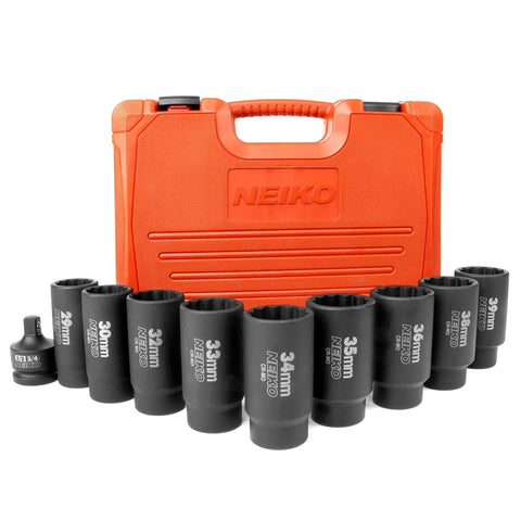 Heavy Duty 10 Piece 12 Point Socket Set For 1/2 Inch Drive With Lug Nut Remover And Axle Nut Sockets, Metric 29-39mm, Cr-Mo Impact Set