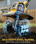 Cordless Garden Tiller Cultivator With 48 Steel Tines, 360 RPM Rototiller in action on soil, highlighting steel blades