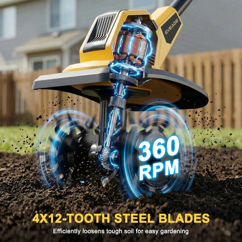 Cordless Garden Tiller Cultivator With 48 Steel Tines, 360 RPM Rototiller in action on soil, highlighting steel blades