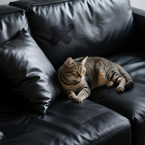 Leather Repair Tape Self Adhesive Patch Kit 3x60 Inches Black applied on sofa with cat resting nearby