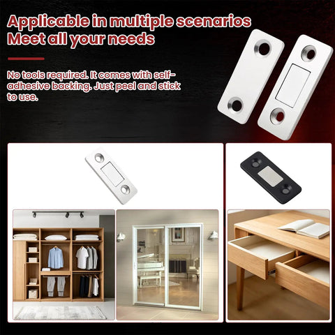 16 Pack Ultra Thin Magnetic Cabinet Catches for no drill adhesive install shown in various home settings.