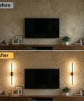ONEWISH Battery Operated Wall Sconces Set of 2, 27.75" wall lights illuminating a living room wall with TV.