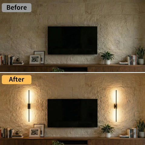 ONEWISH Battery Operated Wall Sconces Set of 2, 27.75" wall lights illuminating a living room wall with TV.