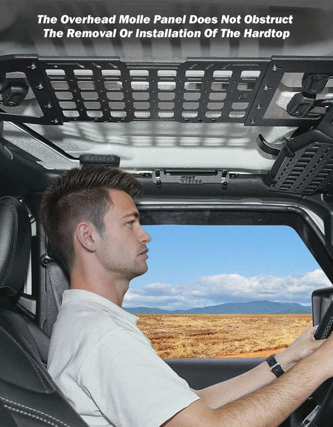 Interior view of Jeep with installed Hard Top Roof Rack Molle Panel For Wrangler JL JLU And Gladiator JT 2018 2026 No Drilling