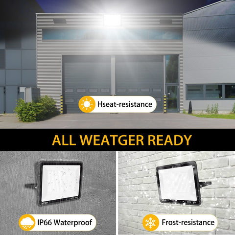 300W LED Flood Light Hella Bright 42500 Lumen Daylight 5000K IP66 showing heat, frost resistance, mounted outdoors