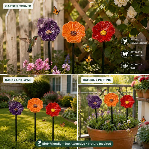 Handmade Ceramic Mini Pollinator Watering Station For Outdoor Gardens with colorful flower feeders in a garden setting.