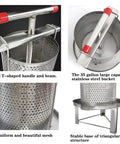 Smooth Operator Manual Honey Press And Beeswax Extractor Machine with stainless steel T-shaped handle and 35-gallon mesh bucket.