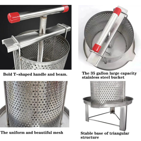 Smooth Operator Manual Honey Press And Beeswax Extractor Machine with stainless steel T-shaped handle and 35-gallon mesh bucket.