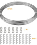Marine Grade 304 Stainless Steel Aircraft Cable Wire Rope 1/16 Inch 33 Ft with 7x7 strand core, includes 50 aluminum sleeves and 12 thimbles.