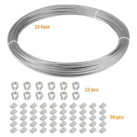 Marine Grade 304 Stainless Steel Aircraft Cable Wire Rope 1/16 Inch 33 Ft with 7x7 strand core, includes 50 aluminum sleeves and 12 thimbles.