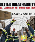 Construction workers wearing ANSI A7 Cut Resistant Impact Gloves cheering, showcasing better breathability than leather in hot weather.