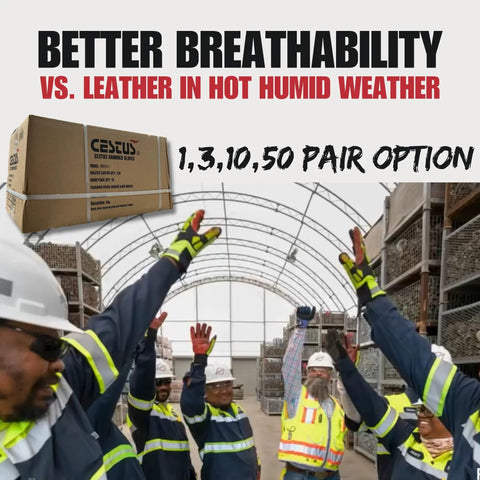 Construction workers wearing ANSI A7 Cut Resistant Impact Gloves cheering, showcasing better breathability than leather in hot weather.