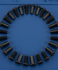 Black Furniture Connector Bolts And Barrel Nuts 40 Piece Kit showing black bolts arranged in a circular pattern on a blue background.