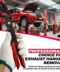 Exhaust hanger removal tool, heavy-duty pliers with red handles and black body, held by gloved hand in auto shop.