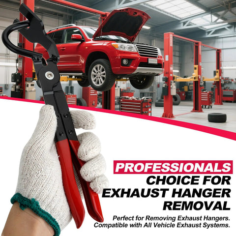 Exhaust hanger removal tool, heavy-duty pliers with red handles and black body, held by gloved hand in auto shop.