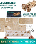 Three Wheeler UGR S DIY Wooden Model Kit With Spring Motor, Functional Steering, Chain Drive And Front Rear Suspensions, 3D Puzzle For Adults, Hands On Hobby Build To Impress Friends, laser-cut plywood parts and instructions