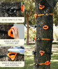 20 Ninja Tree Climbing Holds Kit With 6 Ratchet Straps For Outdoor Ninja Warrior Obstacle Course Training In Bright Orange And Black attached to tree trunk